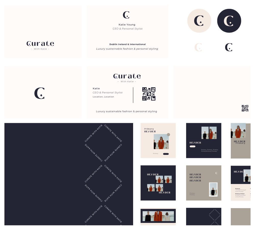 Minimal brand design in dark navy, grey and cream for style expert