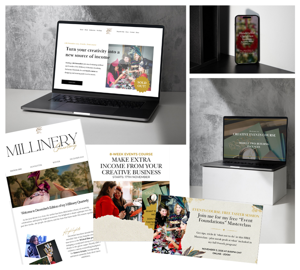 Millinery Landing page, marketing emails & socials images